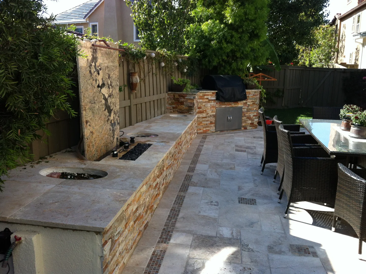 Stone-faced outdoor cooking area