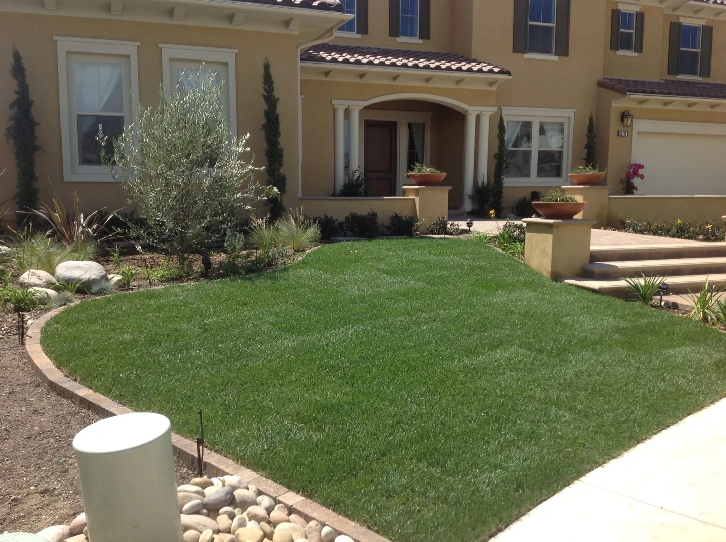 A front garden framed by lawn