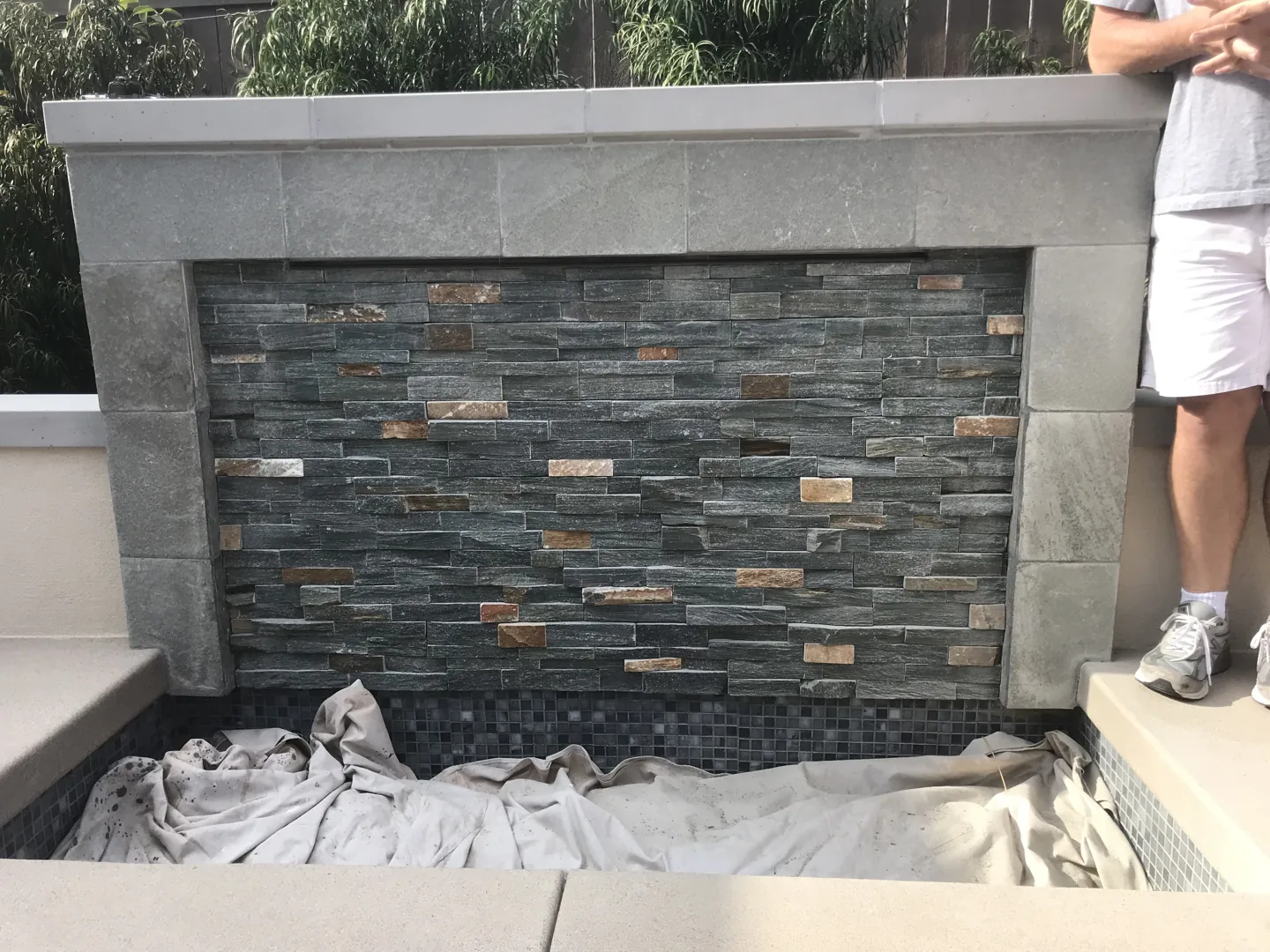 Stone water wall during installation