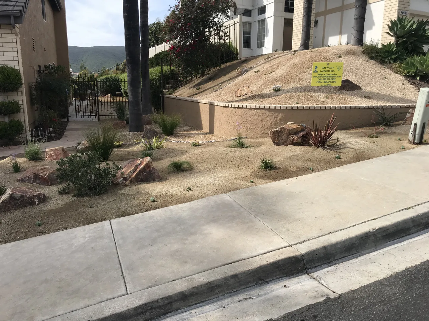 A planted slope above a retaining wall